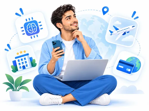 کار با لپتاپ و گوشی در کنار نمادهای هوش مصنوعی، رزرو هتل، پرواز و پرداخت بینالمللی