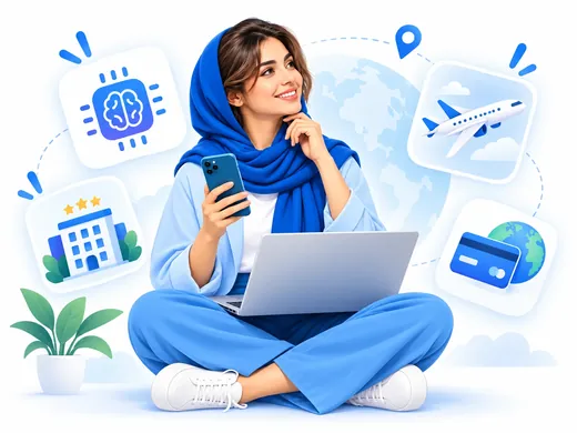 کار با لپ‌تاپ و گوشی در کنار نمادهای پرداخت بین‌المللی، هوش مصنوعی، رزرو هتل و پرواز
