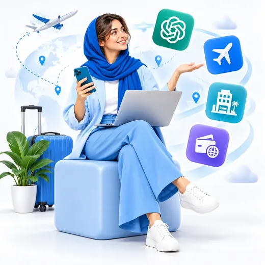 کار با لپ‌تاپ و گوشی در کنار نمادهای هوش مصنوعی، پرواز، هتل و پرداخت بین‌المللی، با چمدانی آماده